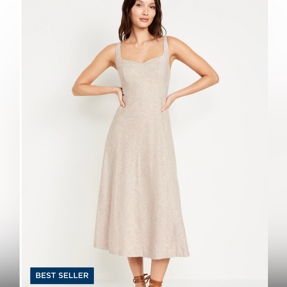 NWT Old Navy Fit And Flare Sleeveless Midi Dress, Natural Linen, S